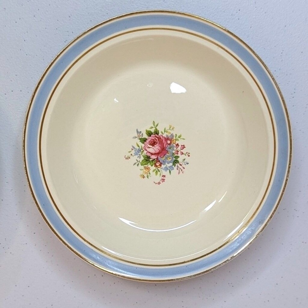 Taylor Smith & Taylor Vintage 1940 Bowls Set of 4 Floral Rose Blue Gold 1681 - Picture 2 of 6